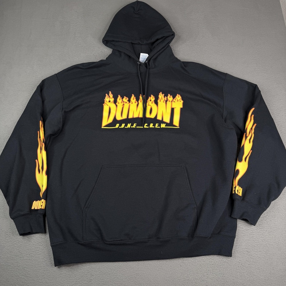 Dumont Dune‎ Crew Hoodie Mens 2XL Black Flame Graphic Pullover Fleece Sweatshirt